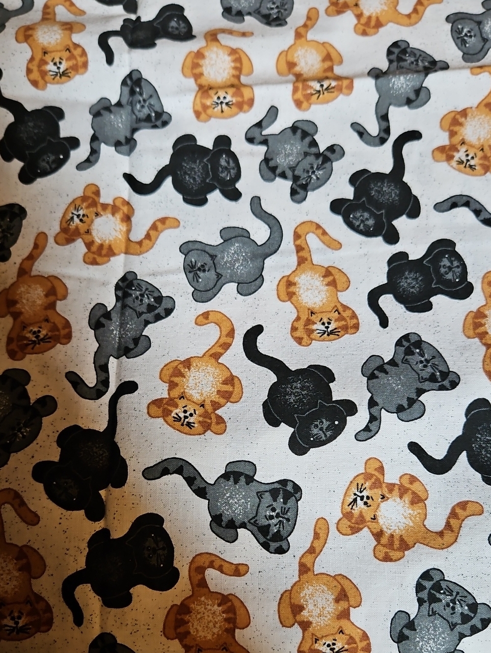 Vintage Cat Print Cotton Fabric - Black, Gray, Orange Cats 1 Yard